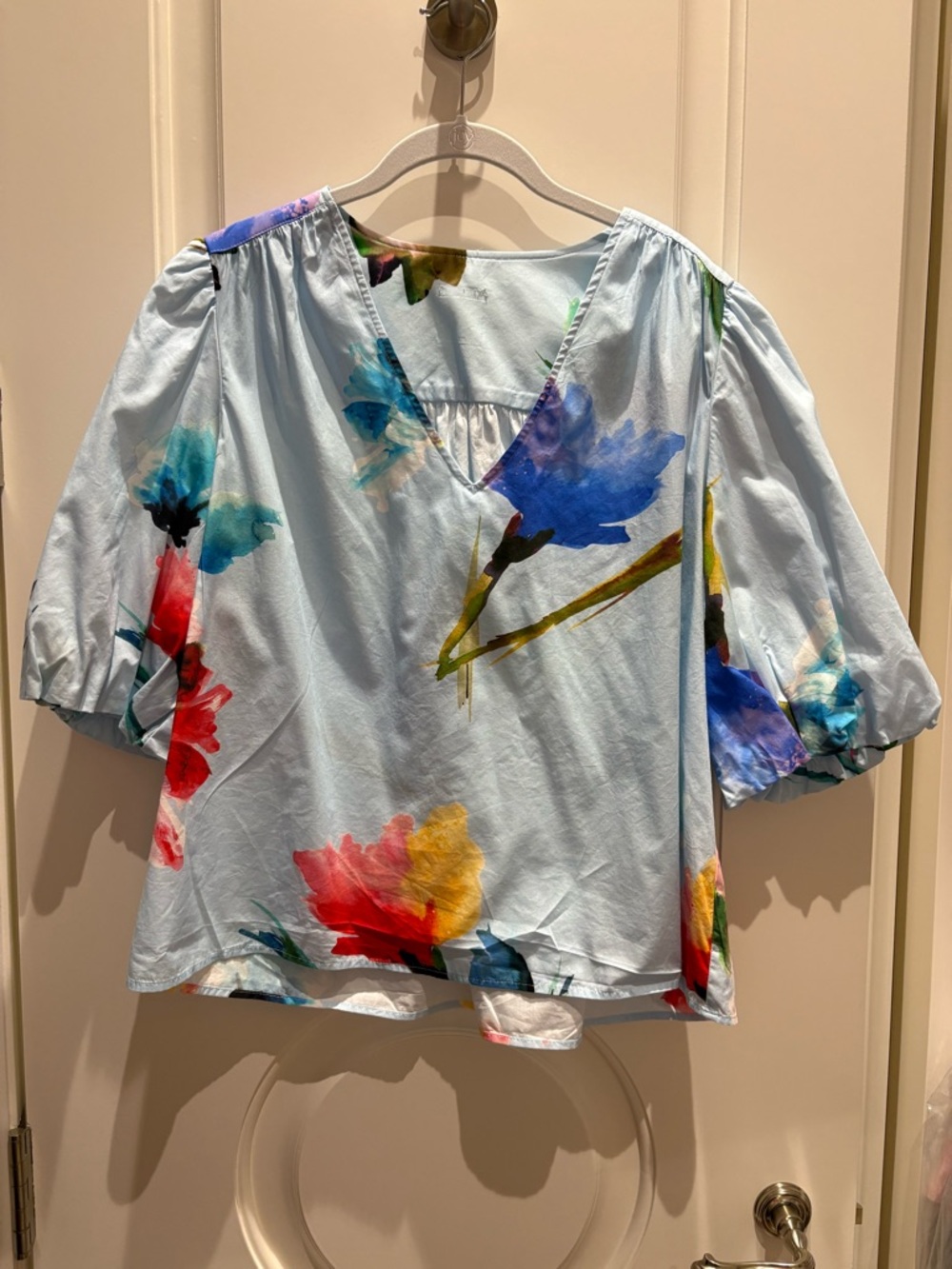 Finley Light Blue Watercolor Floral V-Neck Puff Sleeve Blouse